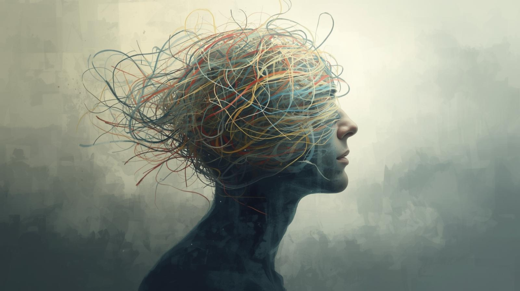 Visual metaphor for a cluttered mind finding clarity through neurobiological techniques.