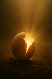 “A cracked eggshell resting on earthy ground with golden light emerging from within, symbolizing spiritual awakening and inner transformation.”