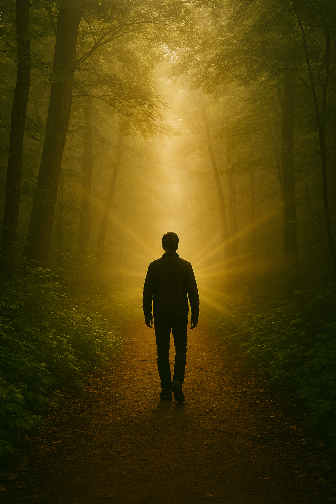“A solitary figure walking along a forest path bathed in golden light, symbolizing a spiritual journey and inner awakening.”