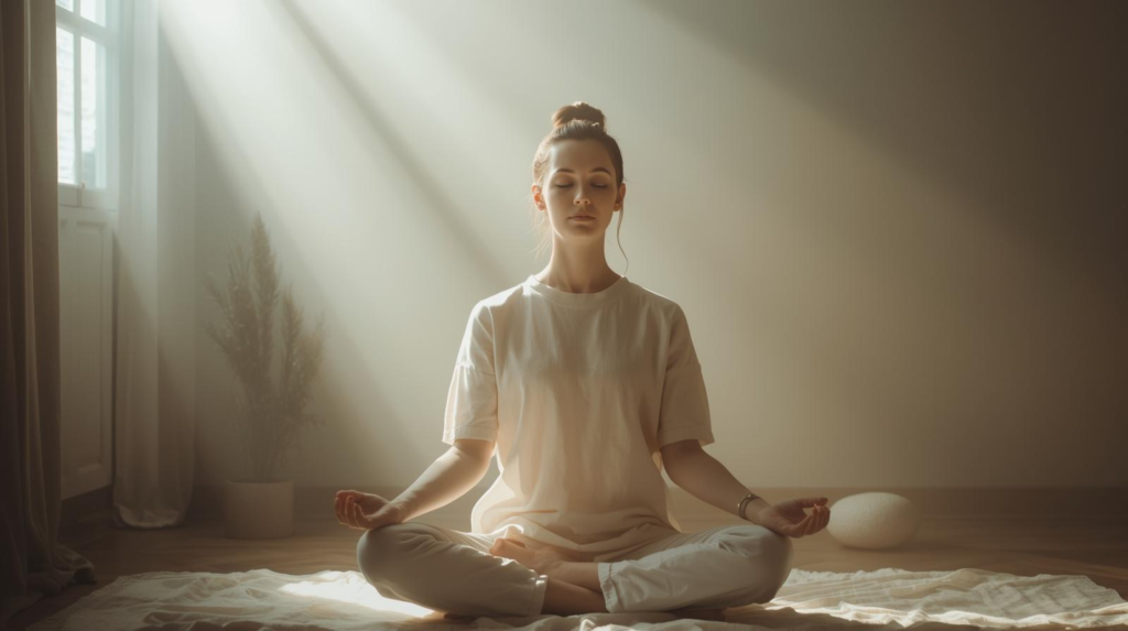 “A woman meditating crossed legged on the ground with eyes closed and light flashing into the room, symbolizing spiritual awakening and inner transformation.”